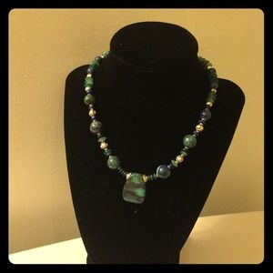 Dark blue and green precious gem stones necklace